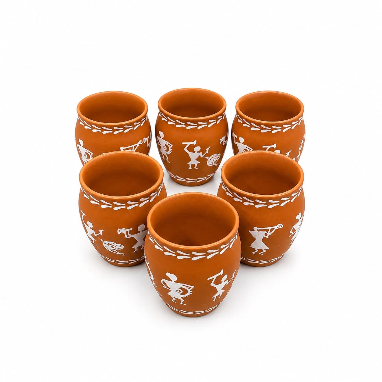 Mrinmayi Terracotta Kulhar Set – Warli Print (6 Pcs)