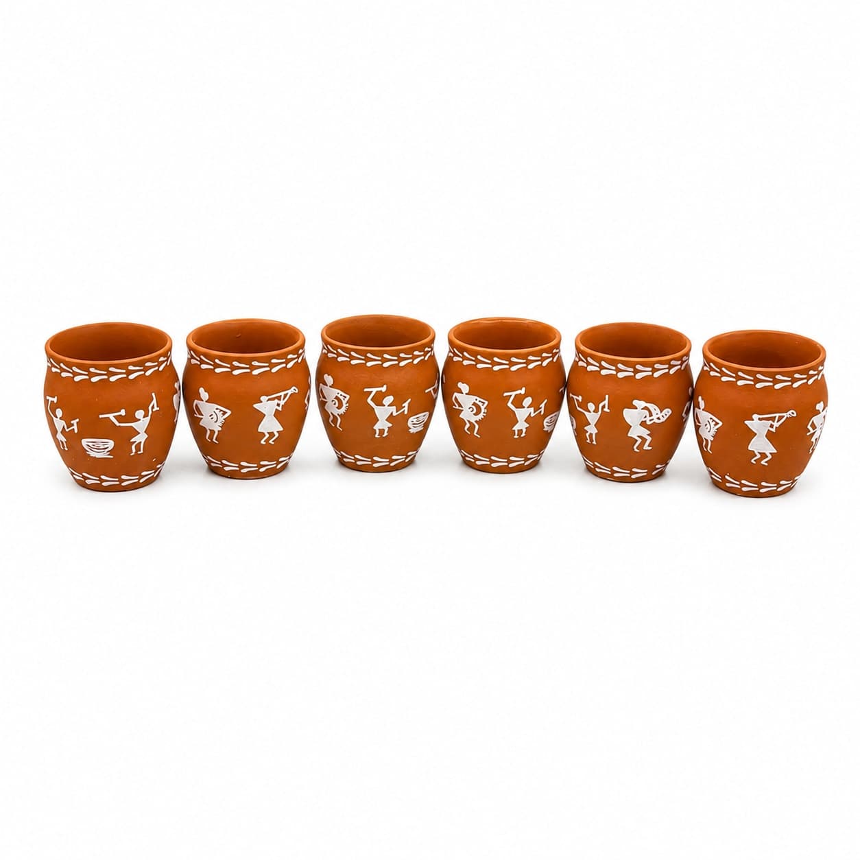 Mrinmayi Terracotta Kulhar Set – Warli Print (6 Pcs)