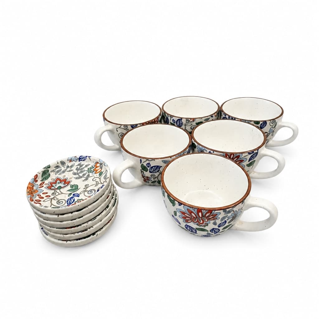 Pushpavali Ceramic Tea Cup & Coaster Set (Set Of 6) – Floral Print Chai Cups With Coasters For Home, Café & Gifting