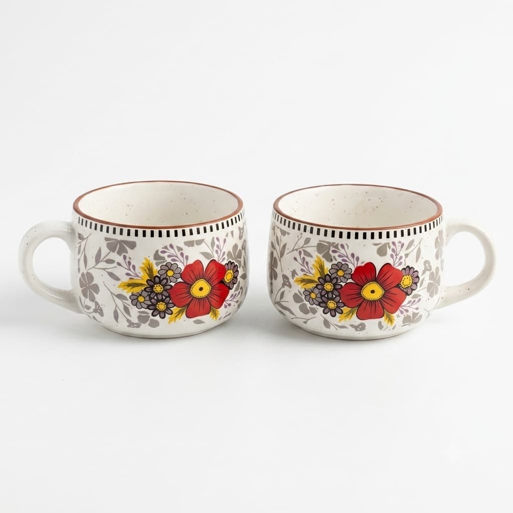 Pushpavali Ceramic Coffee Mugs (Set Of 2) – Red Floral Print Stoneware Mugs With Speckled Finish