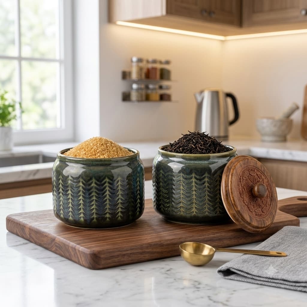 Green Reactive Glaze Ceramic Canisters With Carved Wood Lids (Set Of 2) – Airtight Storage Jars For Coffee, Tea & Spices