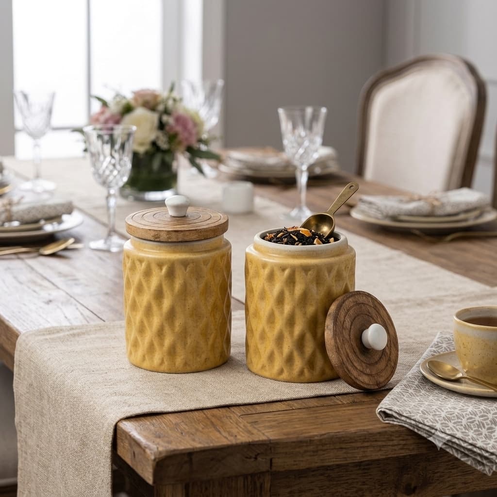 Mustard Yellow Quilted Ceramic Canister – 600ml Airtight Storage Jar With Mango Wood Lid & Ceramic Knob