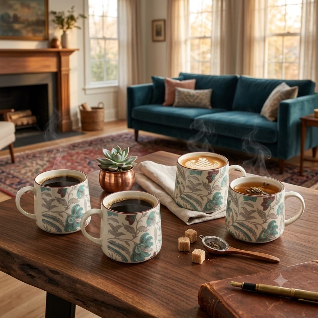 Pushpavali Ceramic Coffee Mugs (Set Of 4) – Light Blue Floral Print, 300ml, For Home, Office & Gifting