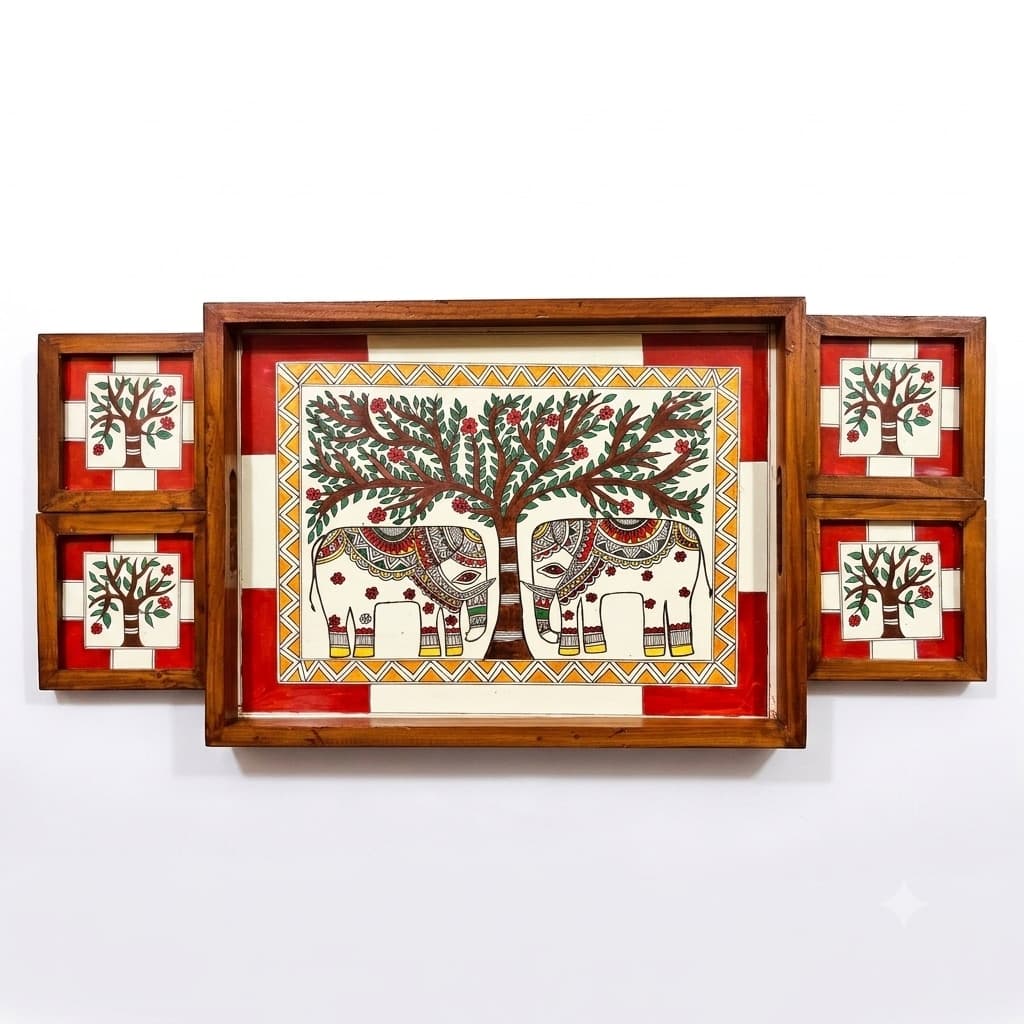 Handpainted Madhubani Wood Serving Tray With 4 Matching Coasters, Featuring A Twin-Elephant & Tree-Of-Life Motif. Durable Teak, Perfect For Gifting.