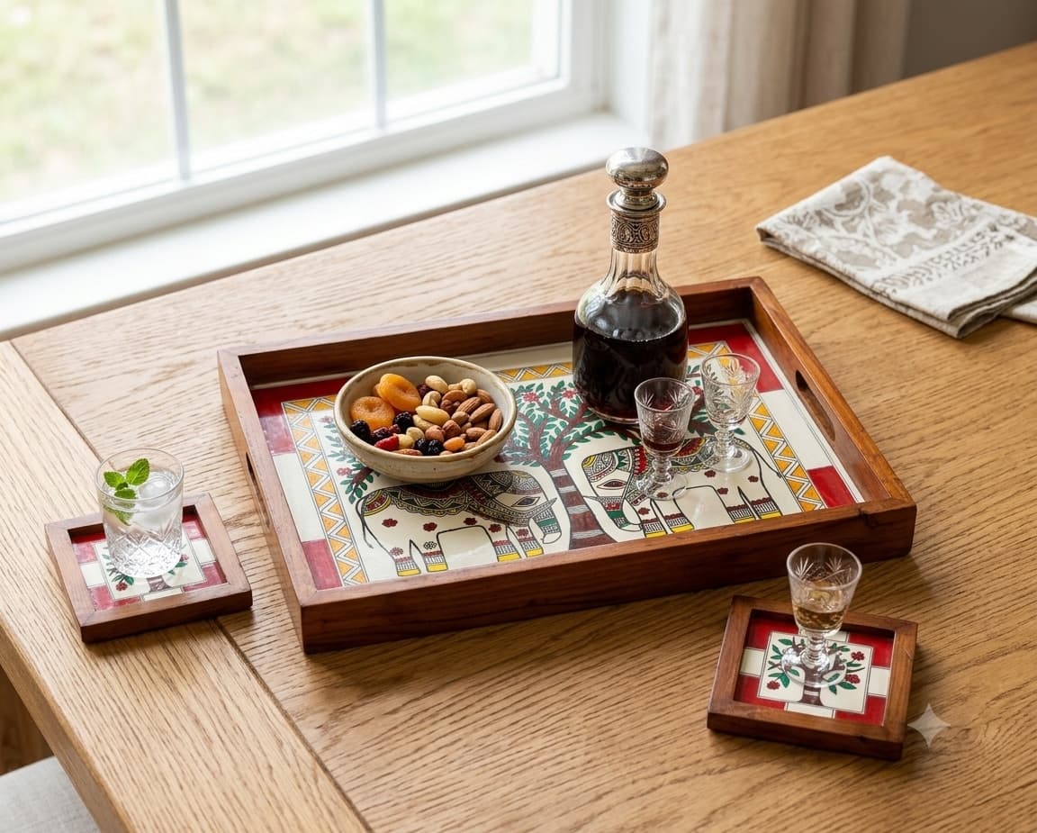 Handpainted Madhubani Wood Serving Tray With 4 Matching Coasters, Featuring A Twin-Elephant & Tree-Of-Life Motif. Durable Teak, Perfect For Gifting.