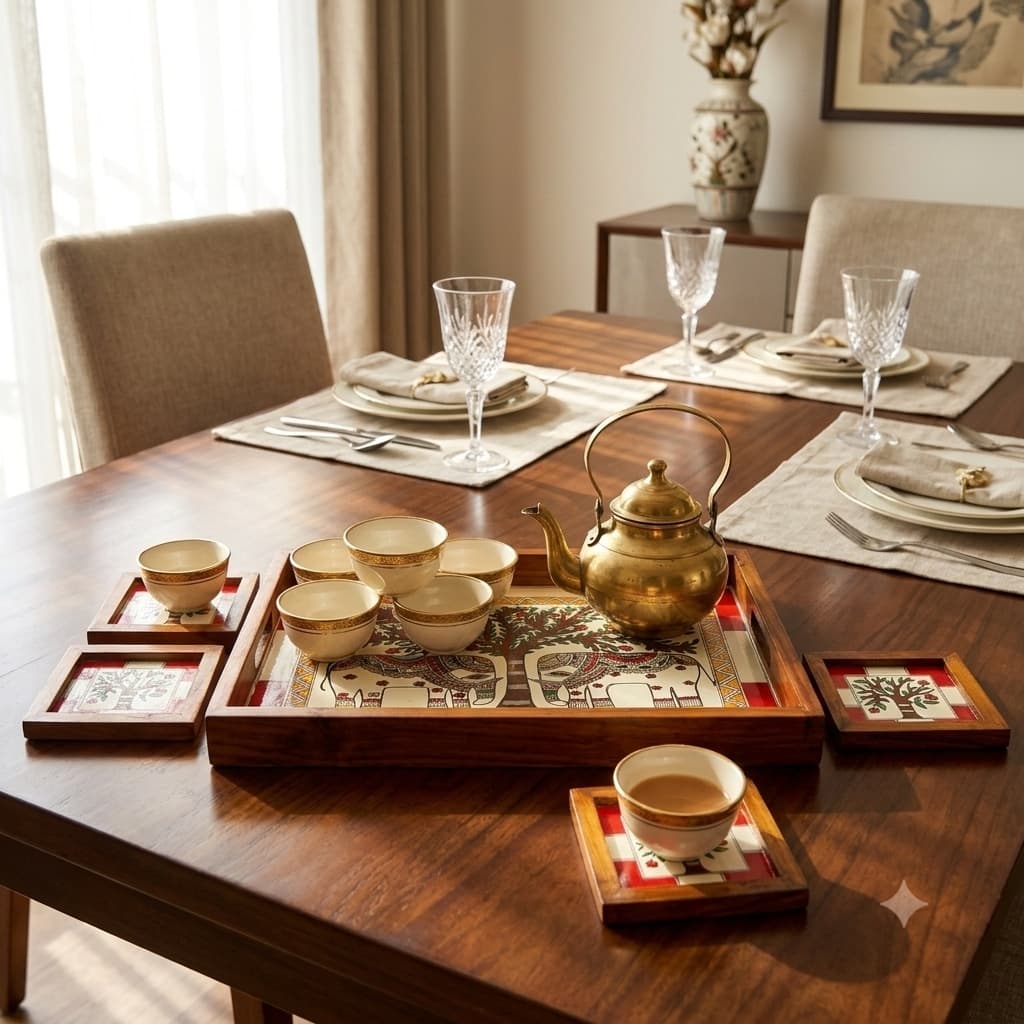 Handpainted Madhubani Wood Serving Tray With 4 Matching Coasters, Featuring A Twin-Elephant & Tree-Of-Life Motif. Durable Teak, Perfect For Gifting.