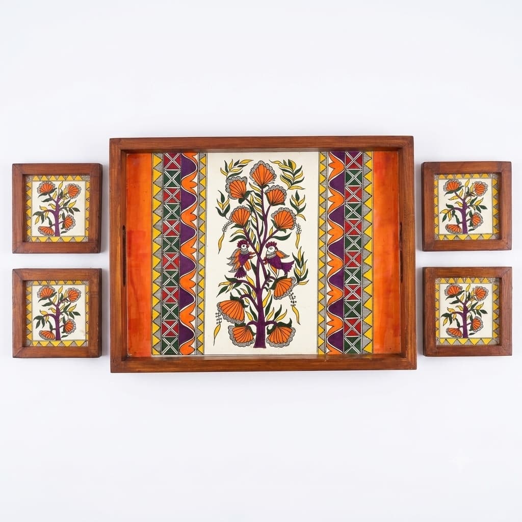 Rangriti Teak Wood Tray & 4 Coasters – Madhubani Bird & Tree