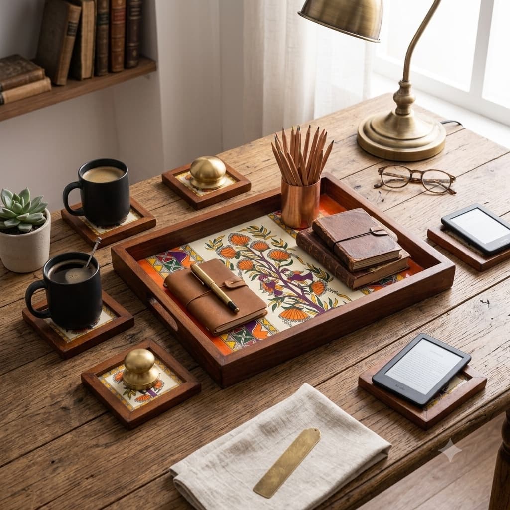Rangriti Teak Wood Tray & 4 Coasters – Madhubani Bird & Tree