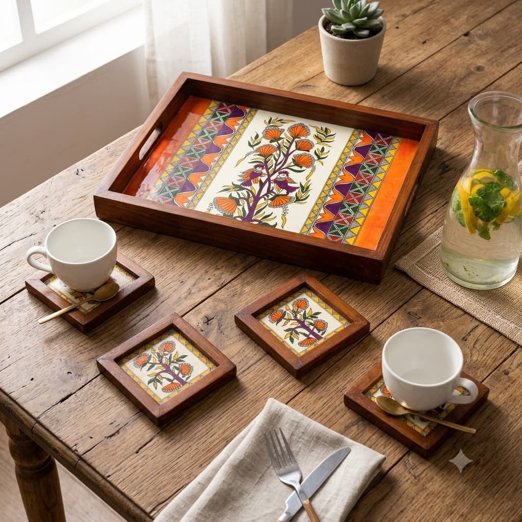Rangriti Teak Wood Tray & 4 Coasters – Madhubani Bird & Tree