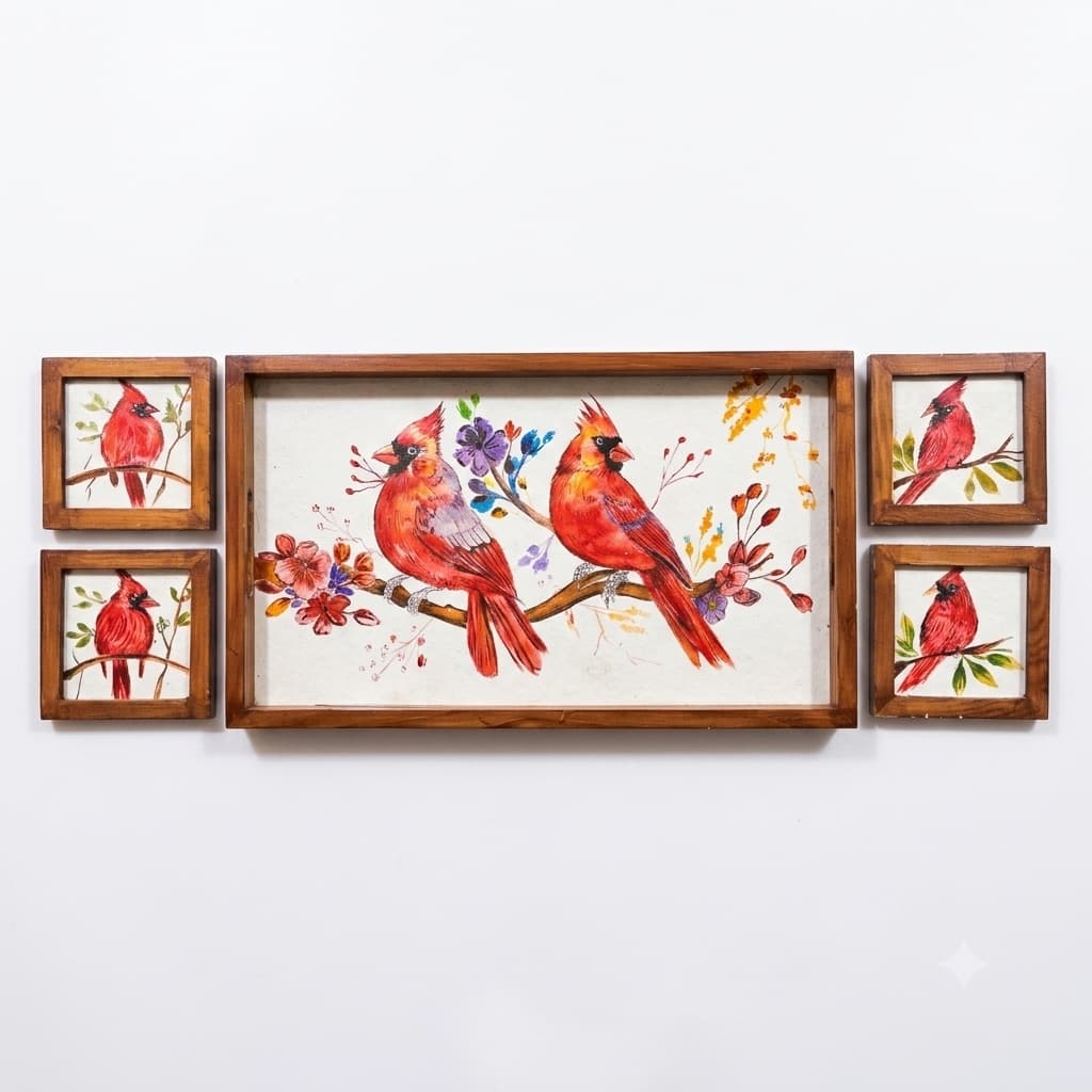 Rangriti Handpainted Wood Tray With 4 Coasters – Red Cardinal Birds (17x10”)