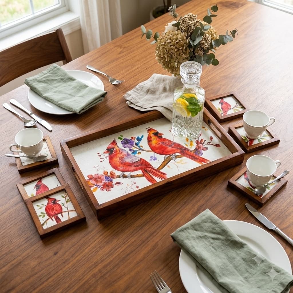 Rangriti Handpainted Wood Tray With 4 Coasters – Red Cardinal Birds (17x10”)