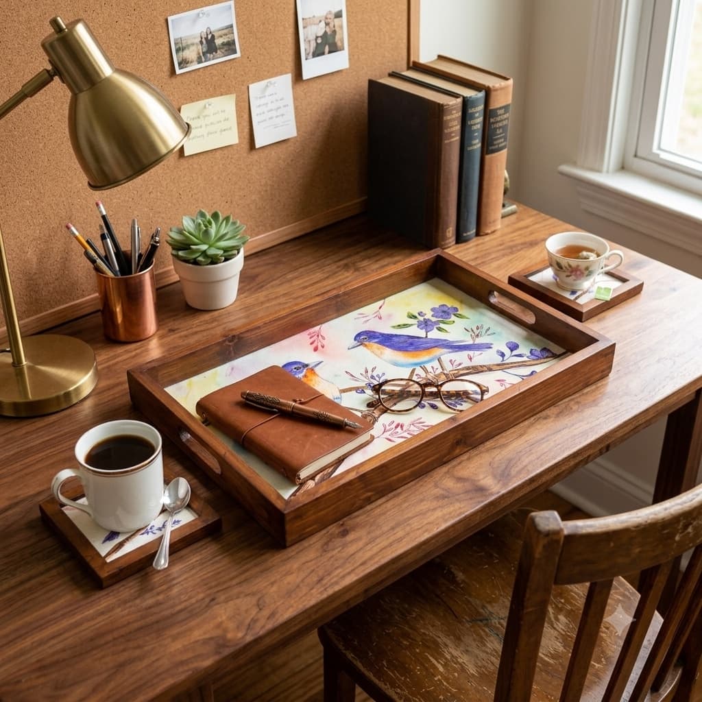Rangriti Handpainted Wood Tray With 2 Coasters – Bluebird Duo (17x10”)