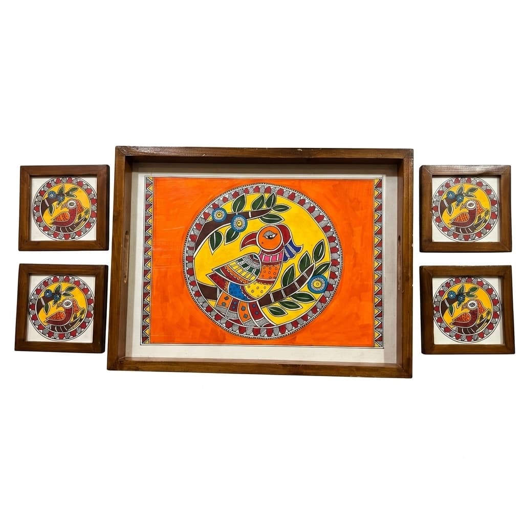 Rangriti Hand Painted Teak Wood Tray With 4 Coasters – Madhubani Parrot In A Circle (17x10”)