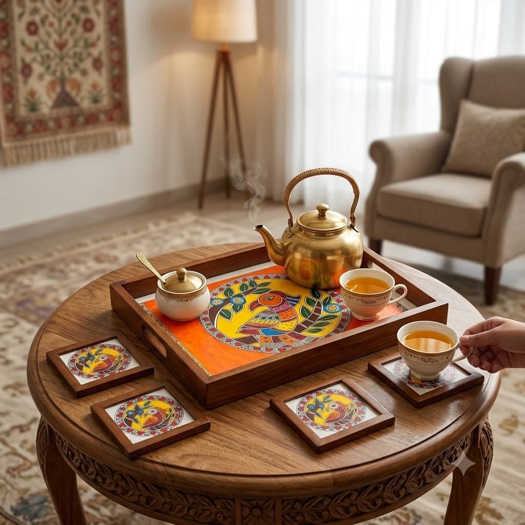 Rangriti Hand Painted Teak Wood Tray With 4 Coasters – Madhubani Parrot In A Circle (17x10”)