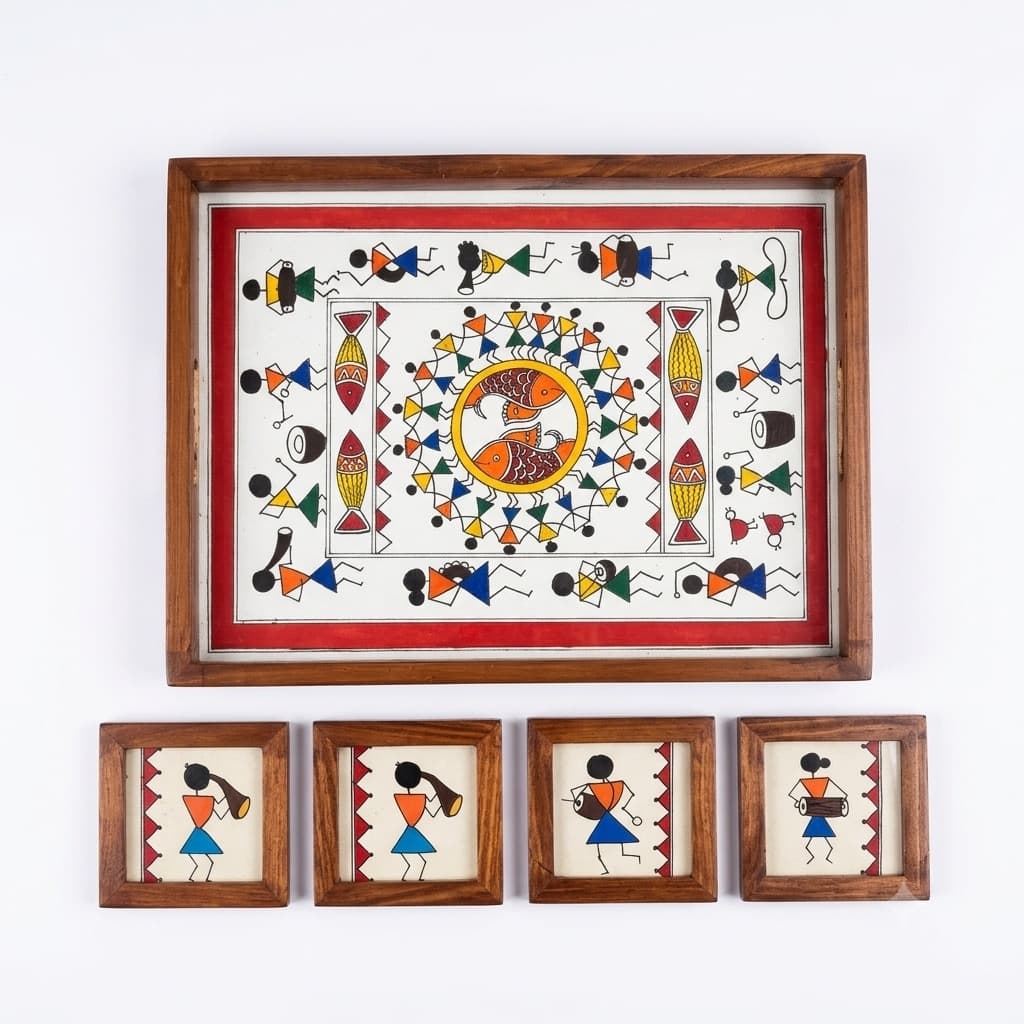 Rangriti Handpainted Teak Wood Tray With 4 Coasters – Warli Fish & Musicians (17x10”)