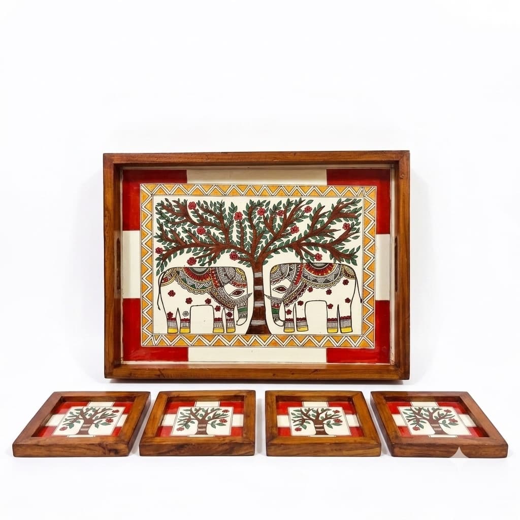 Handpainted Madhubani Wood Serving Tray With 4 Matching Coasters, Featuring A Twin-Elephant & Tree-Of-Life Motif. Durable Teak, Perfect For Gifting.