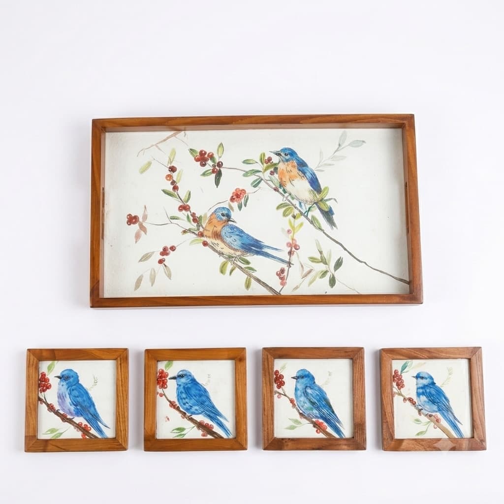 Rangriti Handpainted Wood Tray With 4 Coasters – Bluebird & Berries (17x10”)