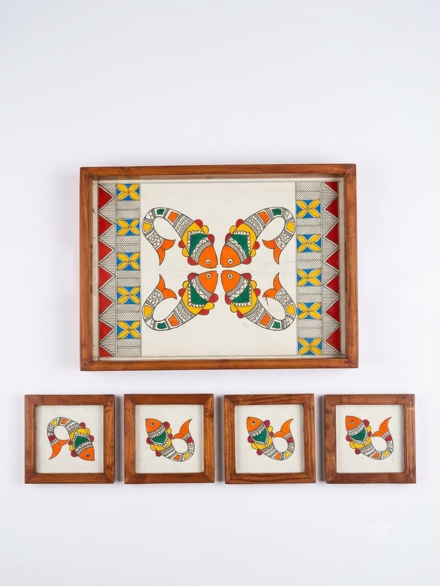 Rangriti Handpainted Teak Wood Tray With 4 Coasters – Madhubani Four Fish (17x10”)