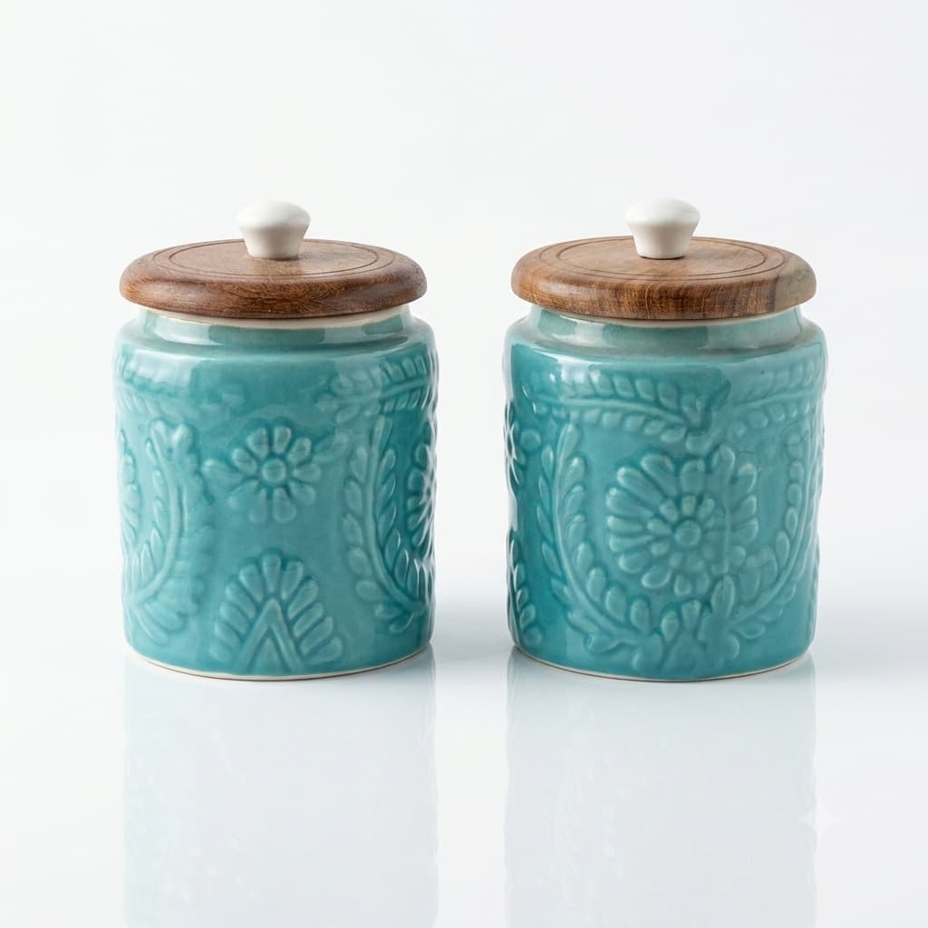 Mrinmayi Ceramic Kitchen Canisters With Wooden Lids – Turquoise Floral, 600ml (Set Of 2)