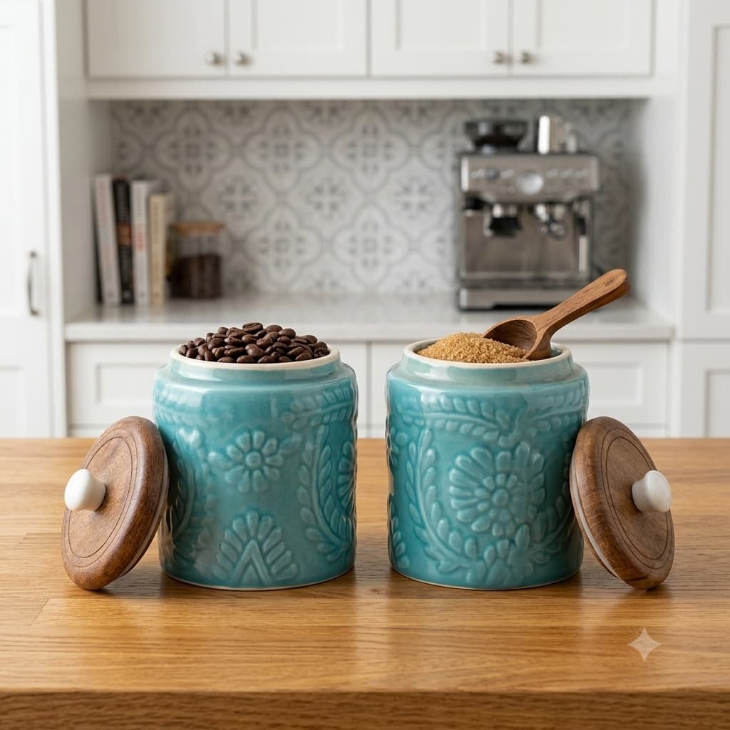 Mrinmayi Ceramic Kitchen Canisters With Wooden Lids – Turquoise Floral, 600ml (Set Of 2)