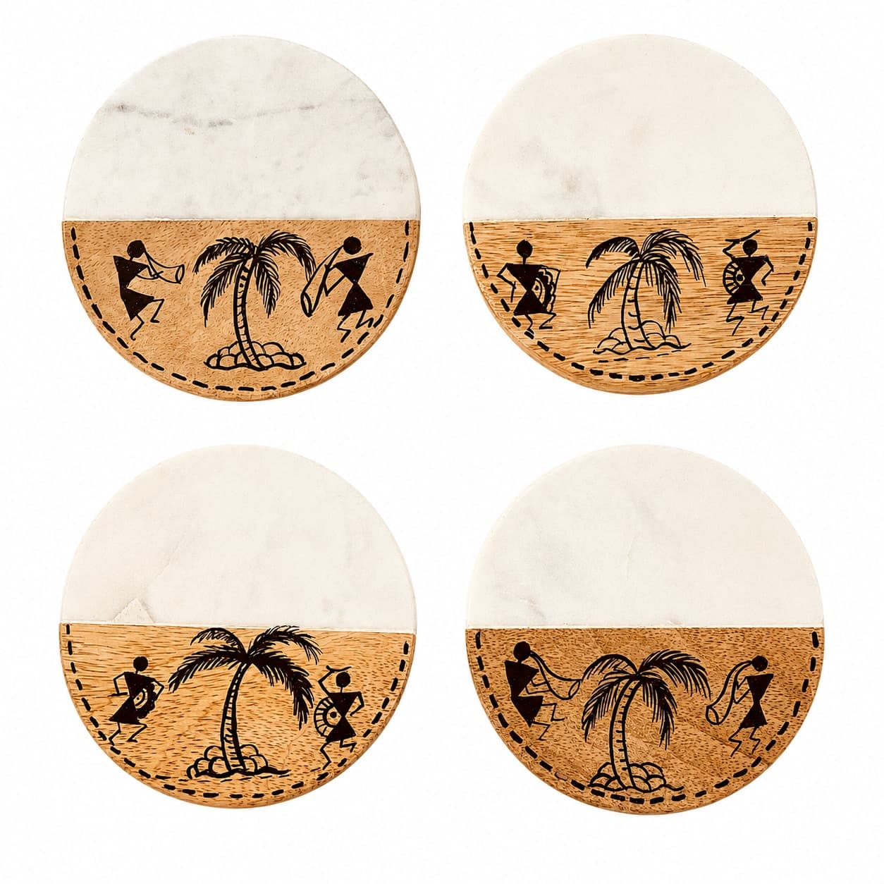 Sangam Marble & Wood Coasters (Set Of 4) – Warli Palm Tree Dance