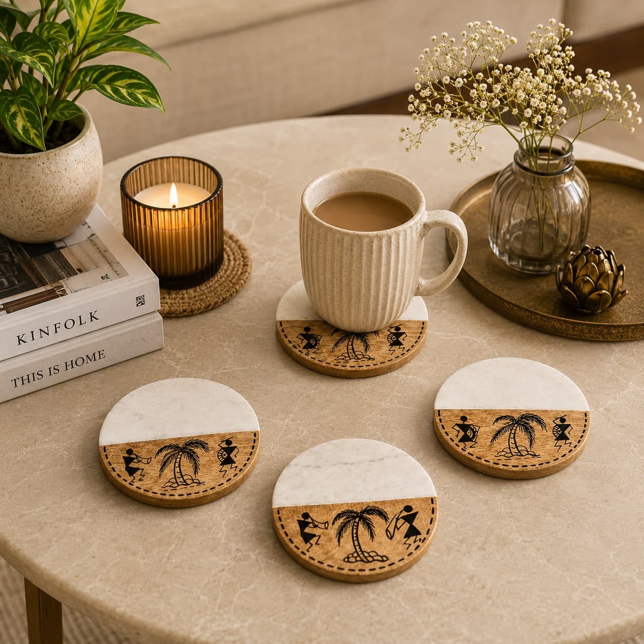 Sangam Marble & Wood Coasters (Set Of 4) – Warli Palm Tree Dance
