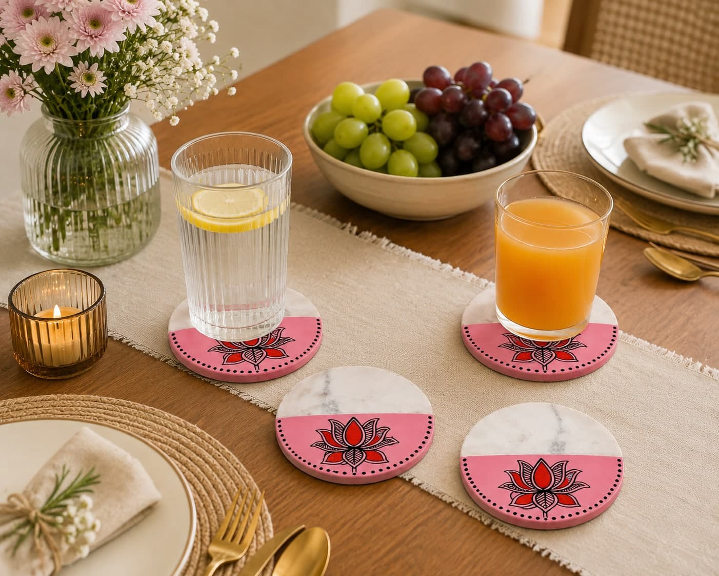 Sangam Marble & Wood Coasters Set Of 4 – Half-Moon Pink Lotus