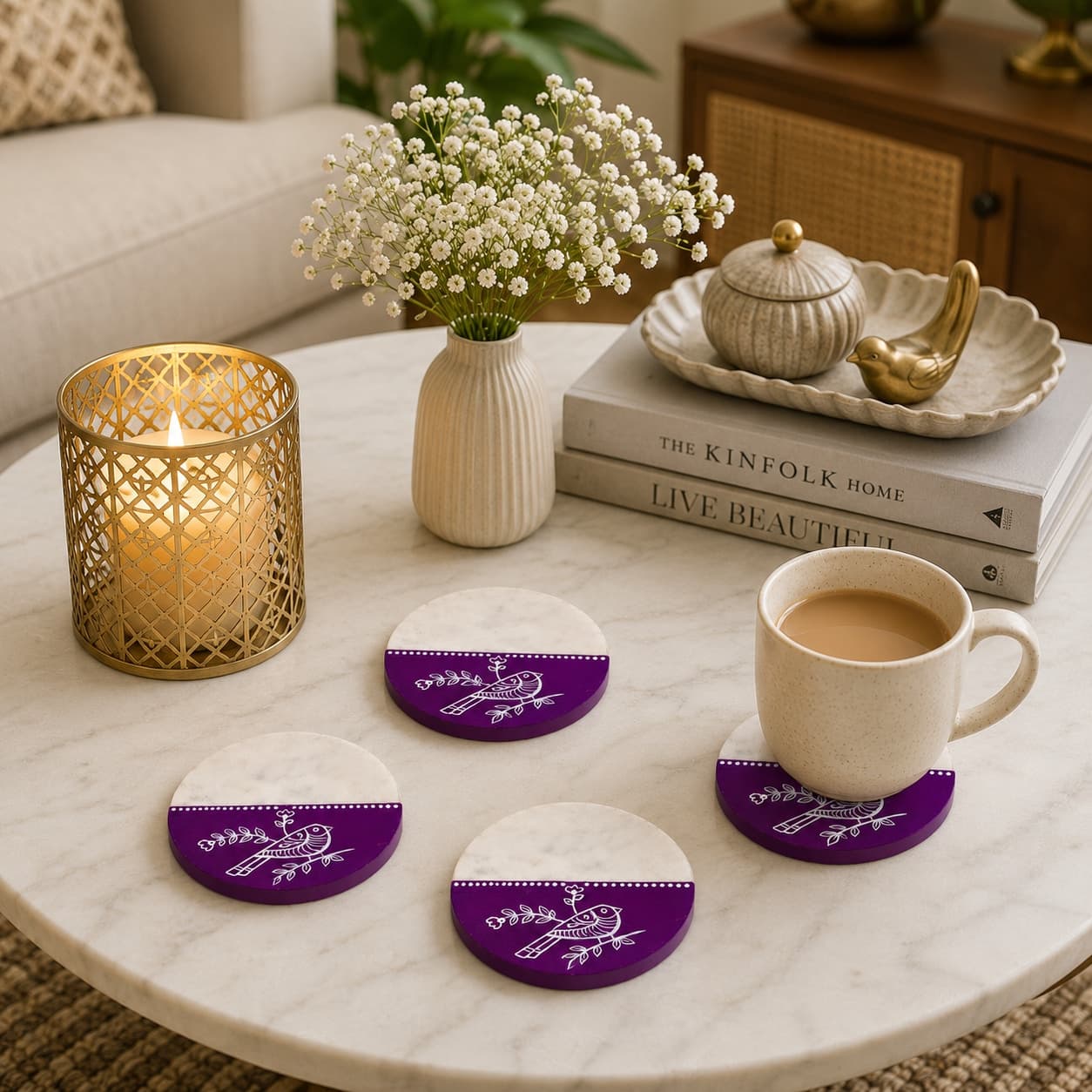 Sangam Marble & Wood Coasters Set Of 4 – Half-Moon Purple Songbird