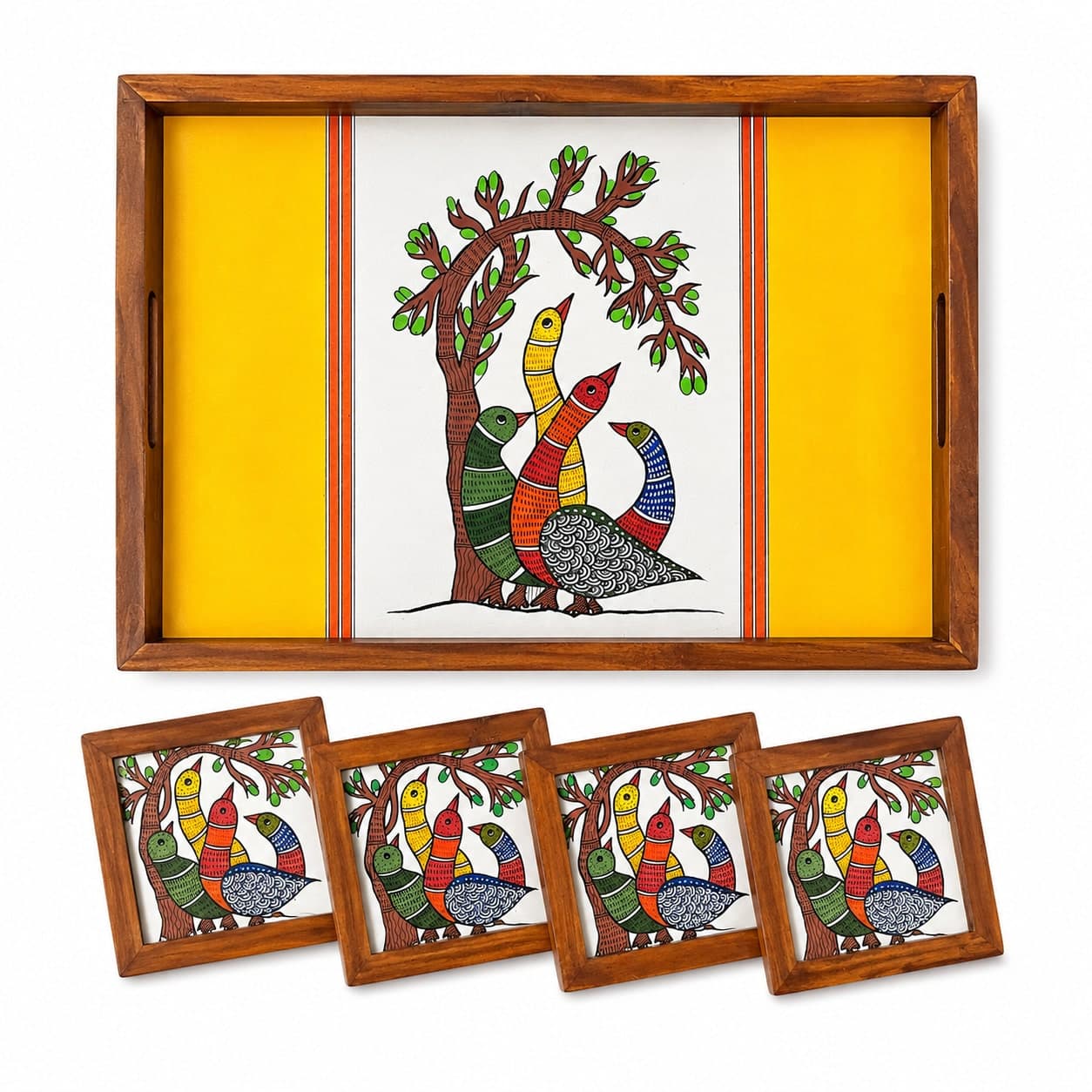 Rangriti Handpainted Teak Wood Tray With 4 Coasters – Madhubani Four Birds Under Tree (17x10”)