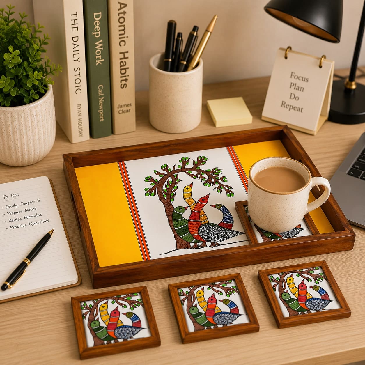 Rangriti Handpainted Teak Wood Tray With 4 Coasters – Madhubani Four Birds Under Tree (17x10”)