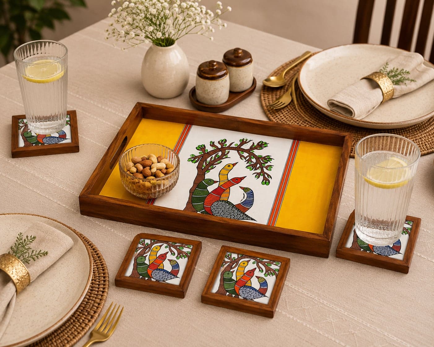 Rangriti Handpainted Teak Wood Tray With 4 Coasters – Madhubani Four Birds Under Tree (17x10”)