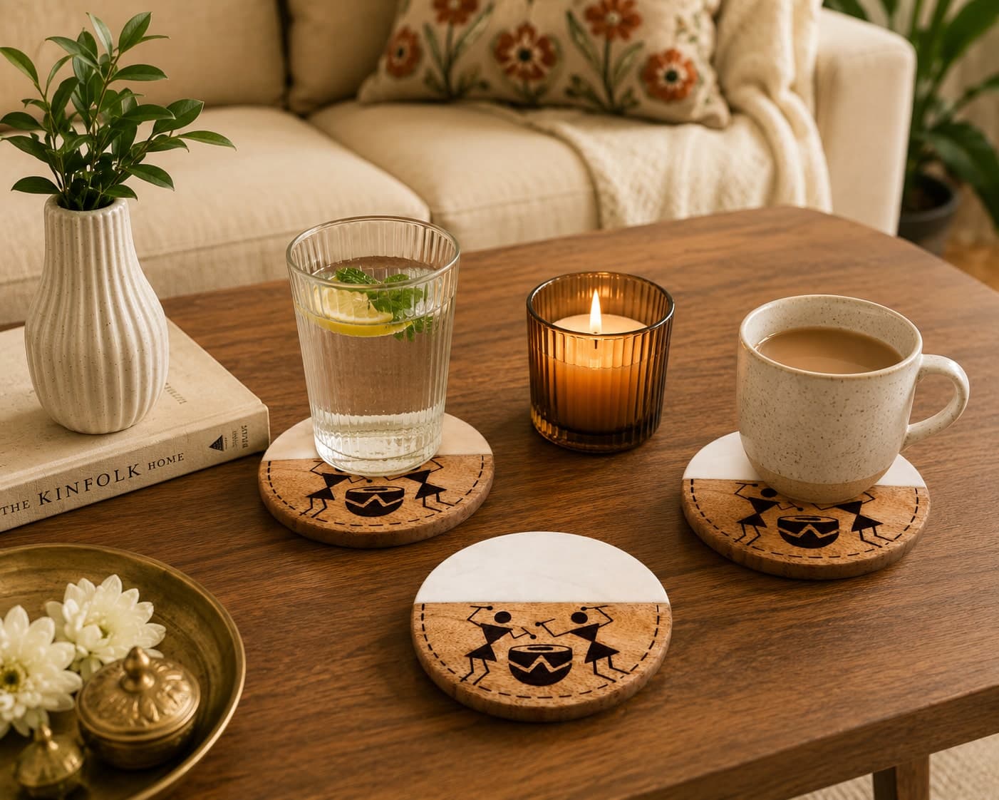 Sangam Marble & Wood Coasters (Set Of 4) – Hand-Painted Warli Drummers Half-Moon Coasters 