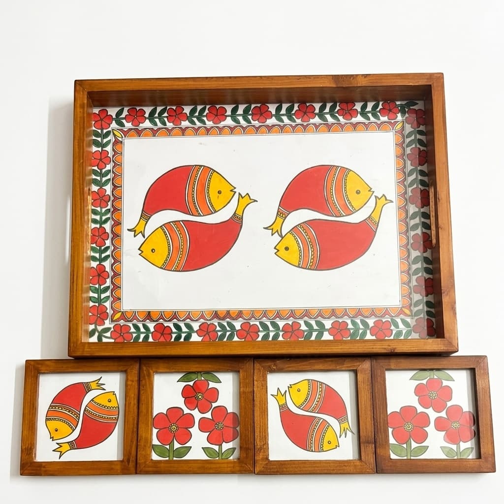 Rangriti Teak Wood Tray With Coasters – Madhubani Red Fish Pair Of Two