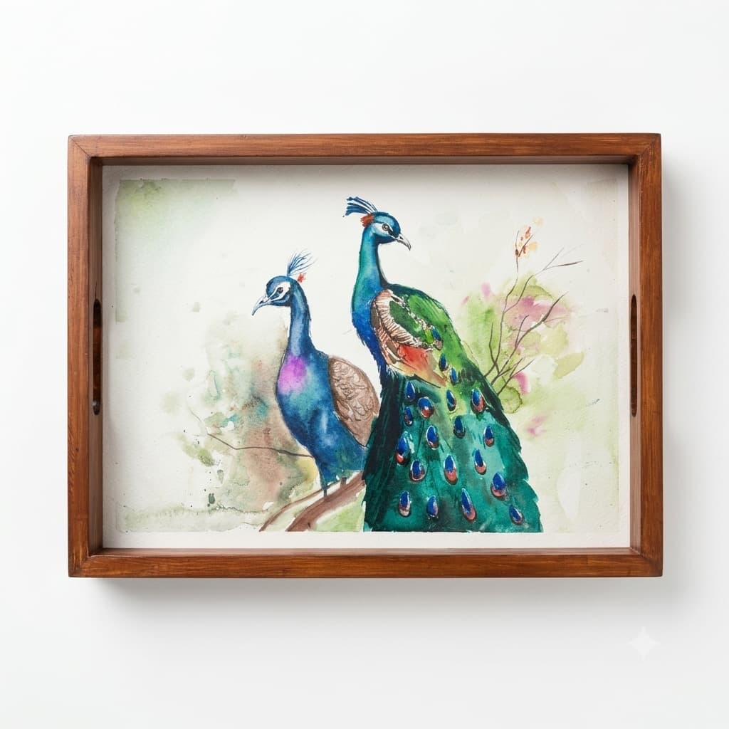Rangriti Handpainted Wood Tray – Watercolor Peacock Pair (17x12”)