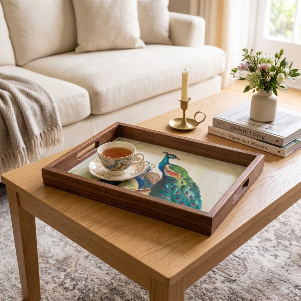 Rangriti Handpainted Wood Tray – Watercolor Peacock Pair (17x12”)