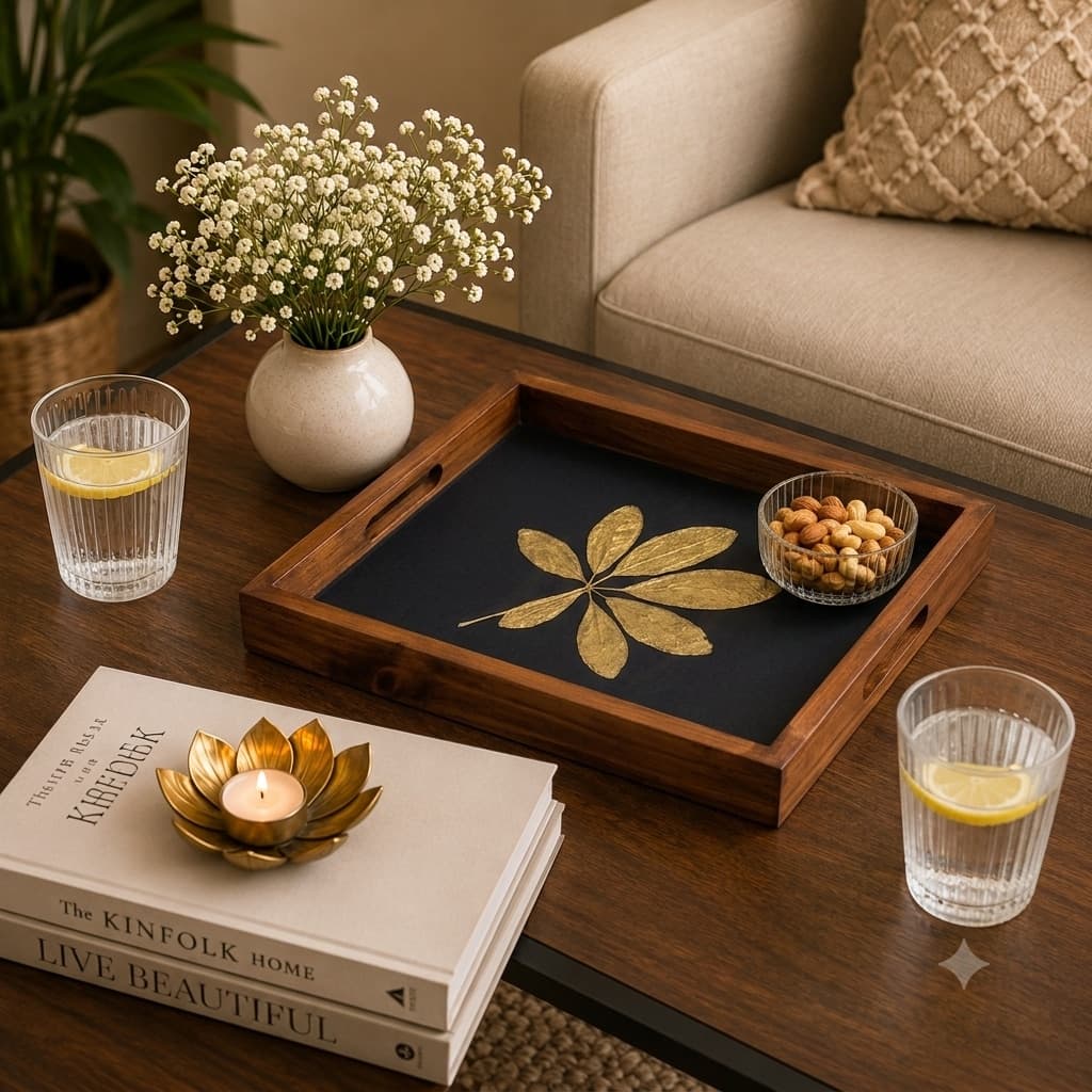 Prakriti Gold Leaf Wooden Tray – Real Dried Leaf On Black, 12x9 Inches
