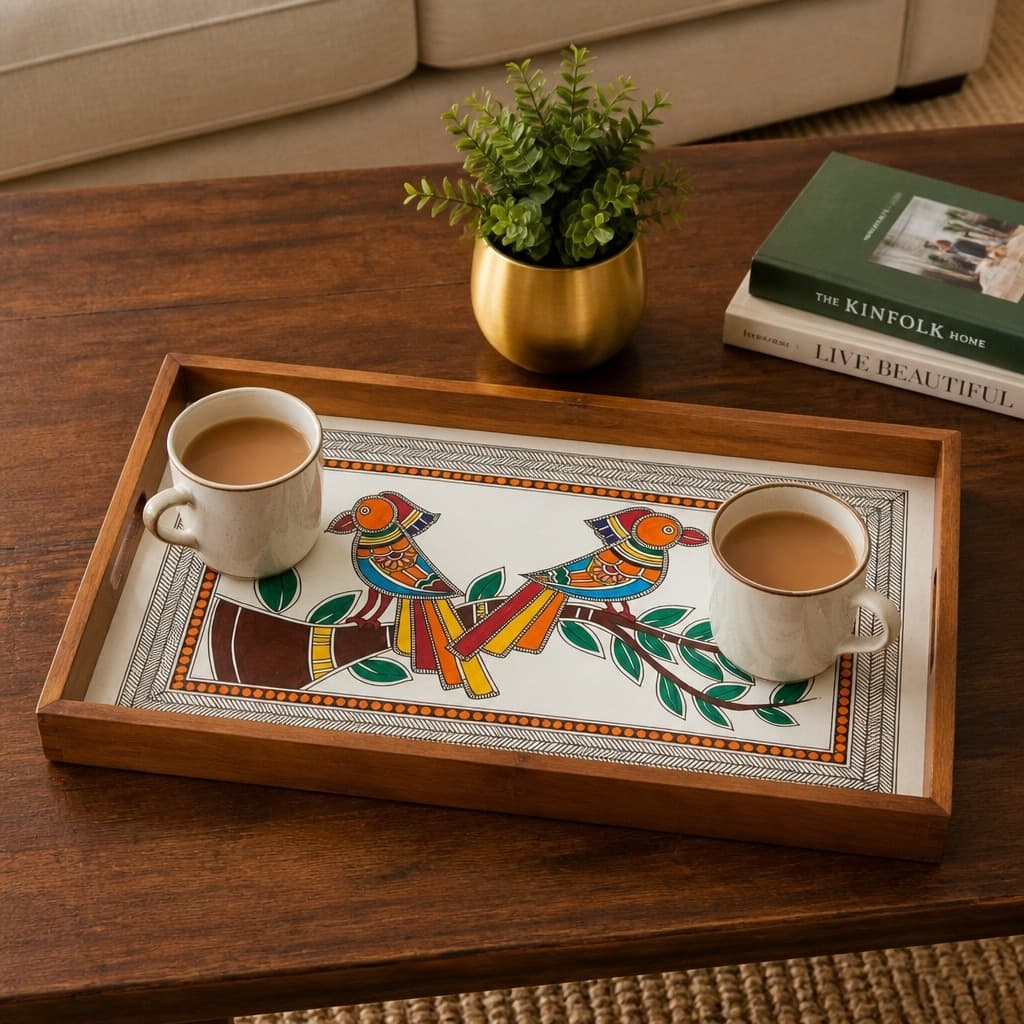 Rangriti Handpainted Wood Tray – Prem Jodi Parrots, 17x10”