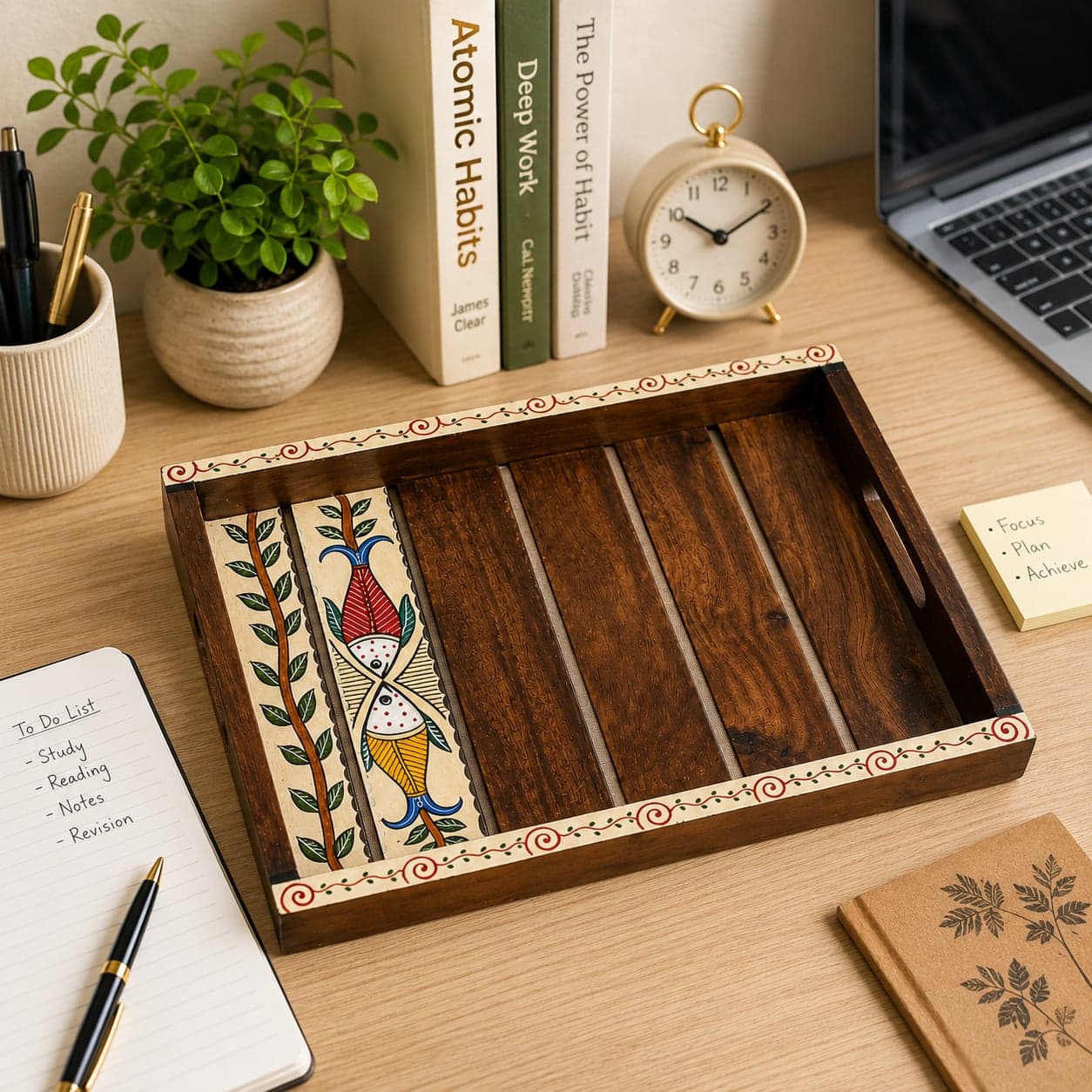 Rangriti Handpainted Teak Wood Tray – Madhubani Fish & Leaf, 12x8”