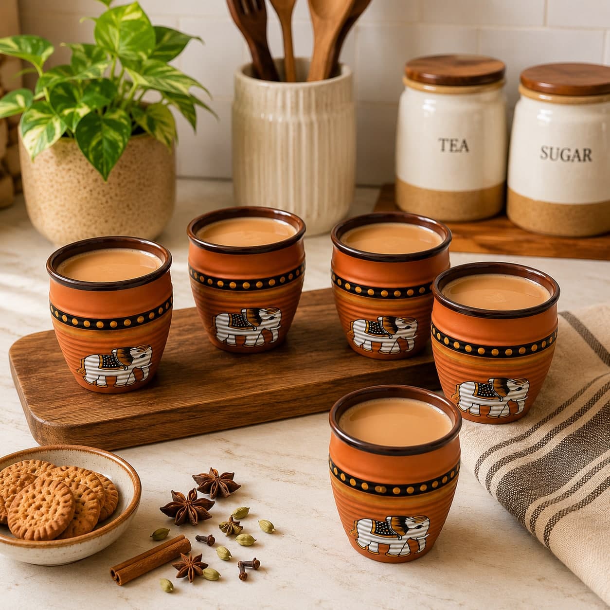 Terracotta Kulhad Chai Cups Set Of 6 | Warli Elephant Print