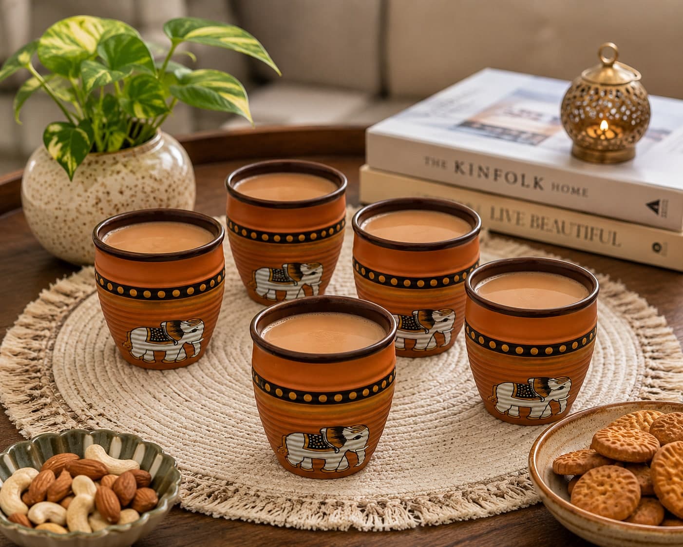Terracotta Kulhad Chai Cups Set Of 6 | Warli Elephant Print