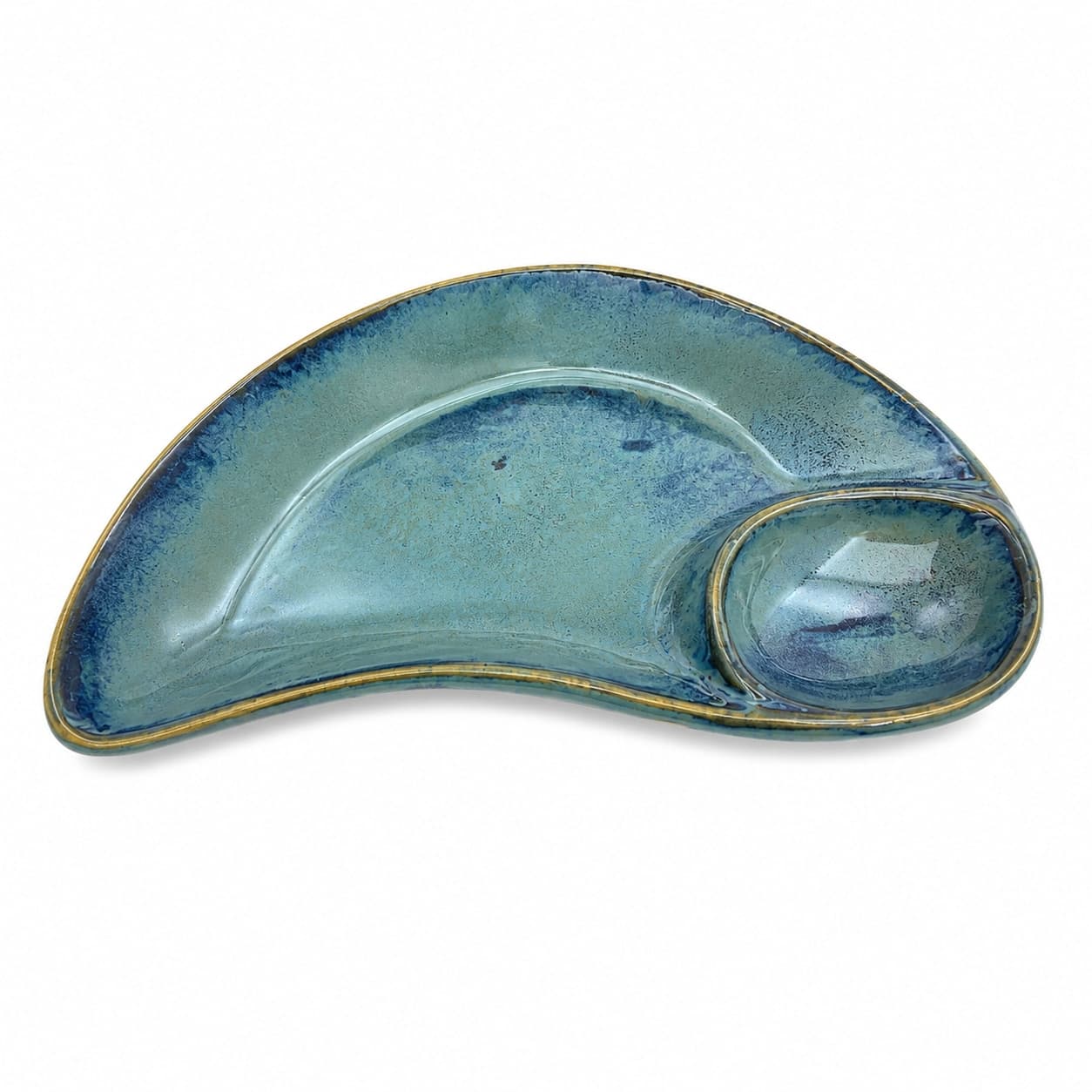 Sagarika Curved Ceramic Chip & Dip Serving Platter –  Blue Reactive Glaze (Attached Bowl)
