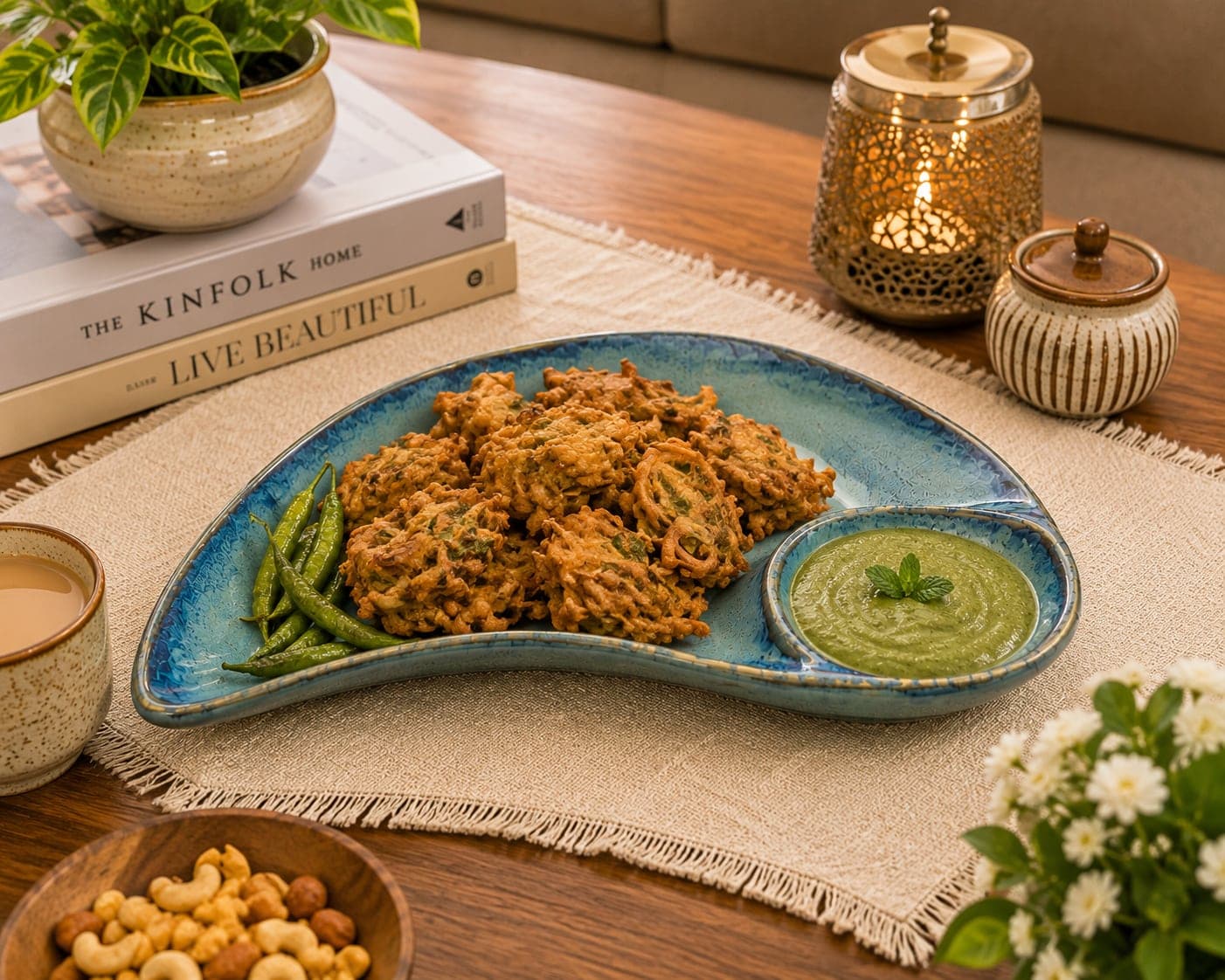 Sagarika Curved Ceramic Chip & Dip Serving Platter –  Blue Reactive Glaze (Attached Bowl)