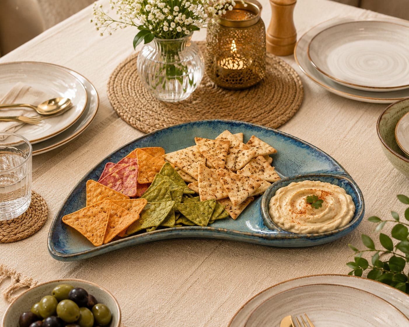 Sagarika Curved Ceramic Chip & Dip Serving Platter –  Blue Reactive Glaze (Attached Bowl)