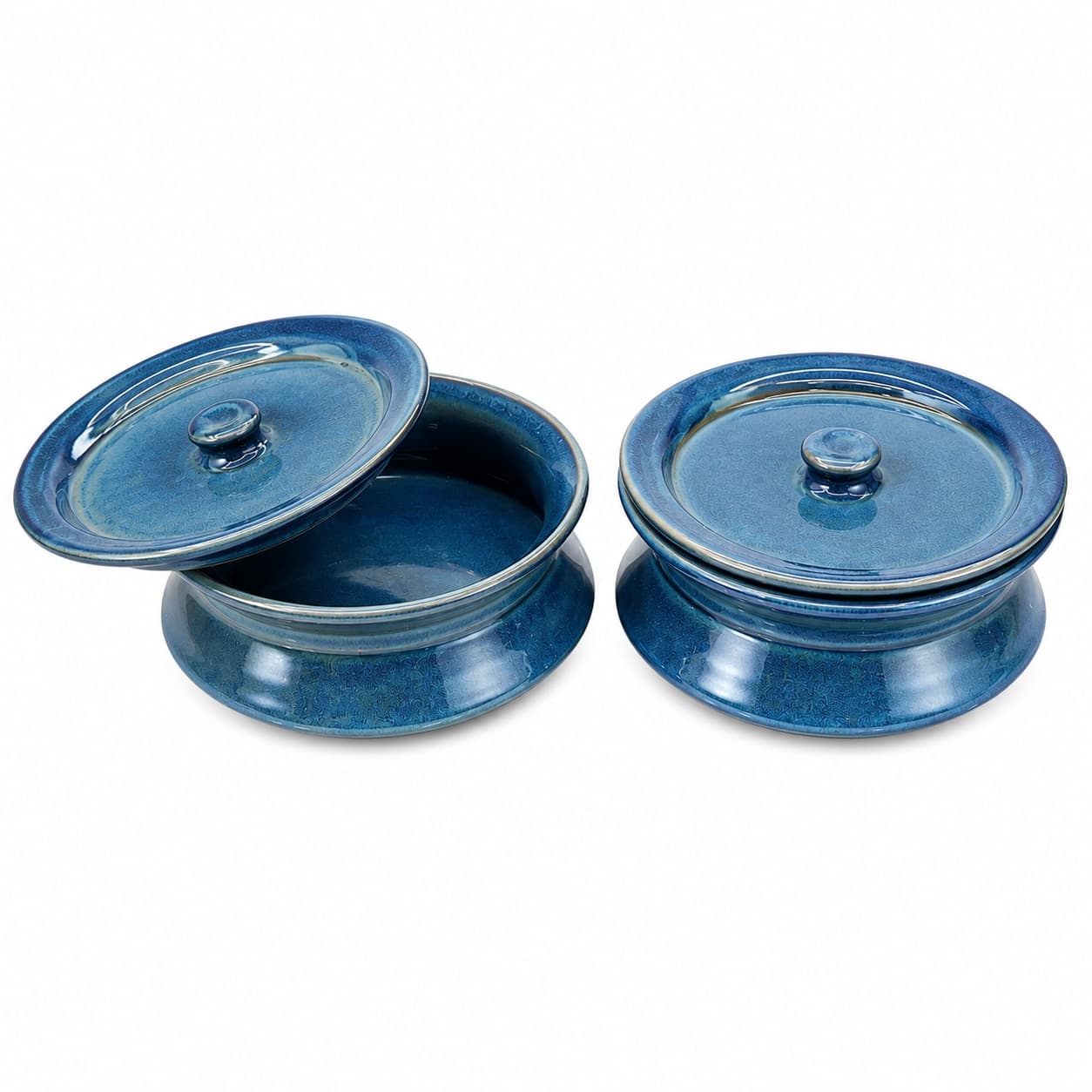 Sagarika Ceramic Handi Serving Bowl Set With Lid – Blue Reactive Glaze (Set Of 2, 500ml Each)