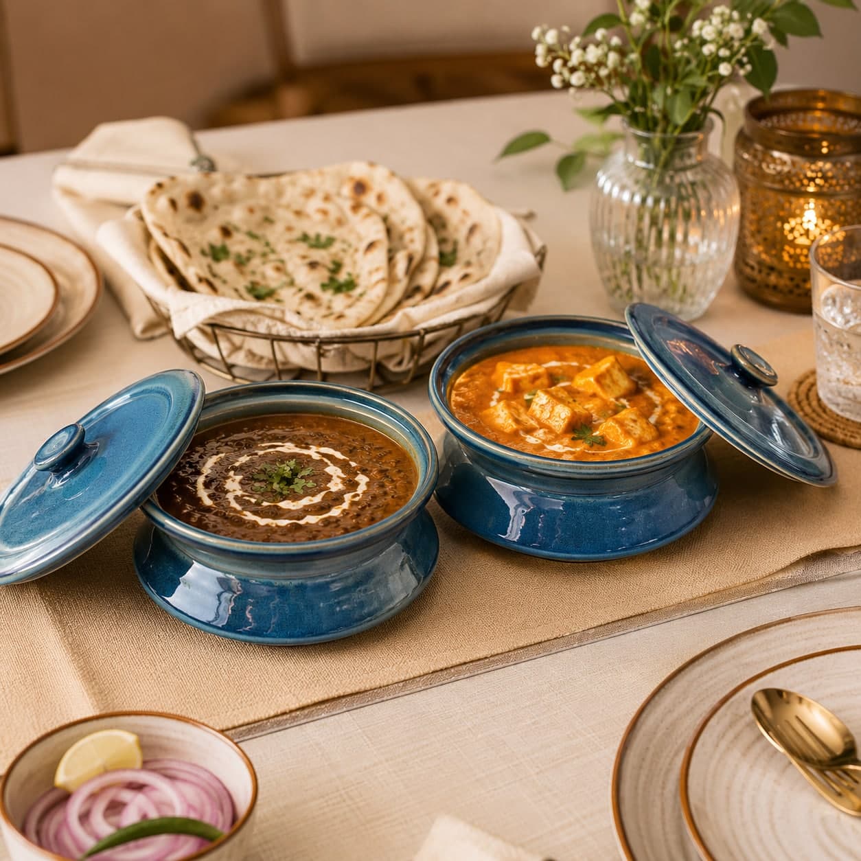 Sagarika Ceramic Handi Serving Bowl Set With Lid – Blue Reactive Glaze (Set Of 2, 500ml Each)