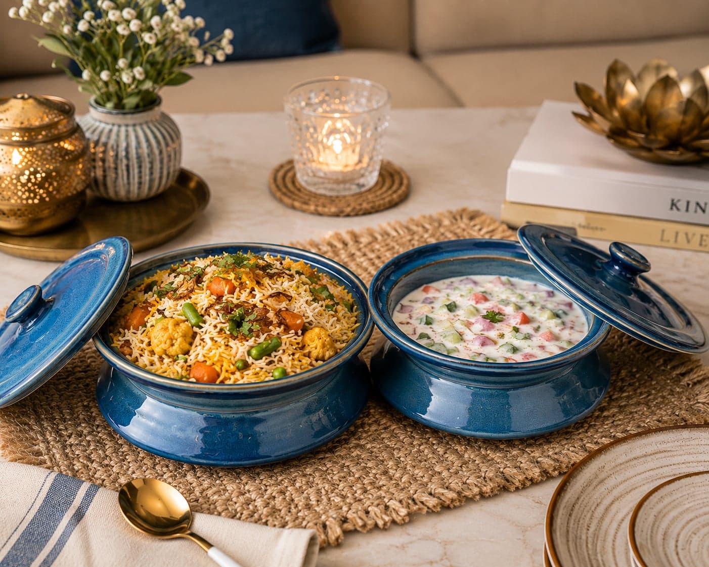 Sagarika Ceramic Handi Serving Bowl Set With Lid – Blue Reactive Glaze (Set Of 2, 500ml Each)