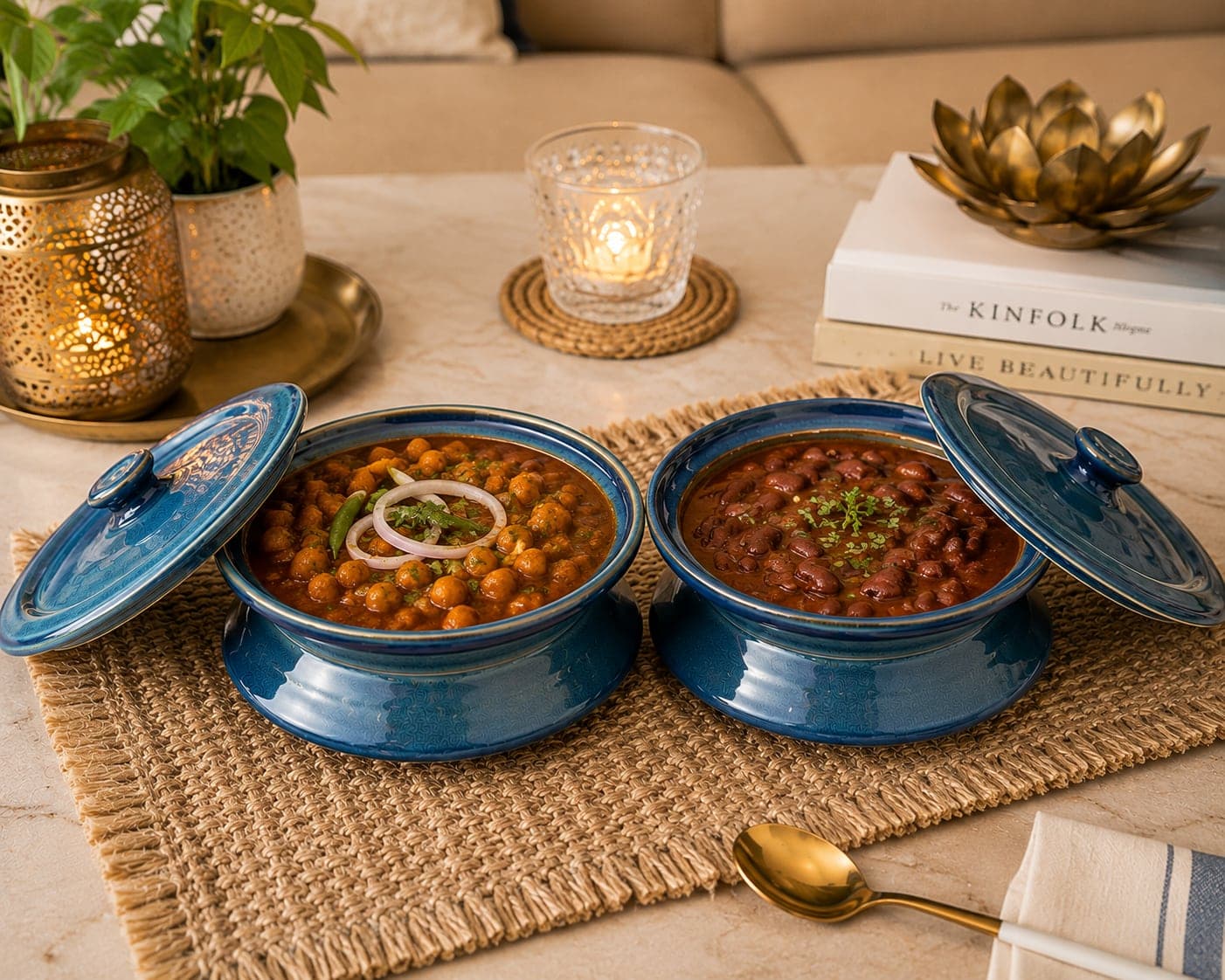 Sagarika Ceramic Handi Serving Bowl Set With Lid – Blue Reactive Glaze (Set Of 2, 500ml Each)