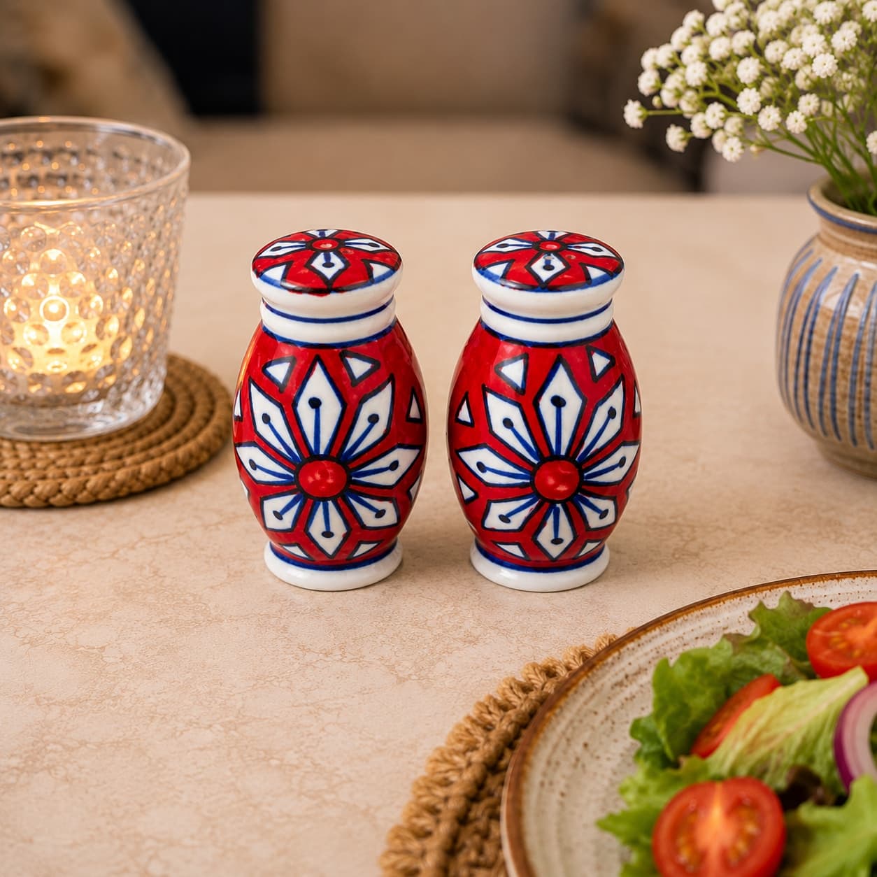 Ceramic Salt & Pepper Shaker Set – Red Floral Design (Set Of 2)