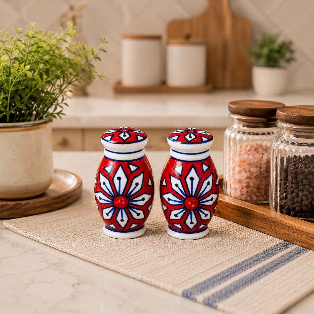 Ceramic Salt & Pepper Shaker Set – Red Floral Design (Set Of 2)