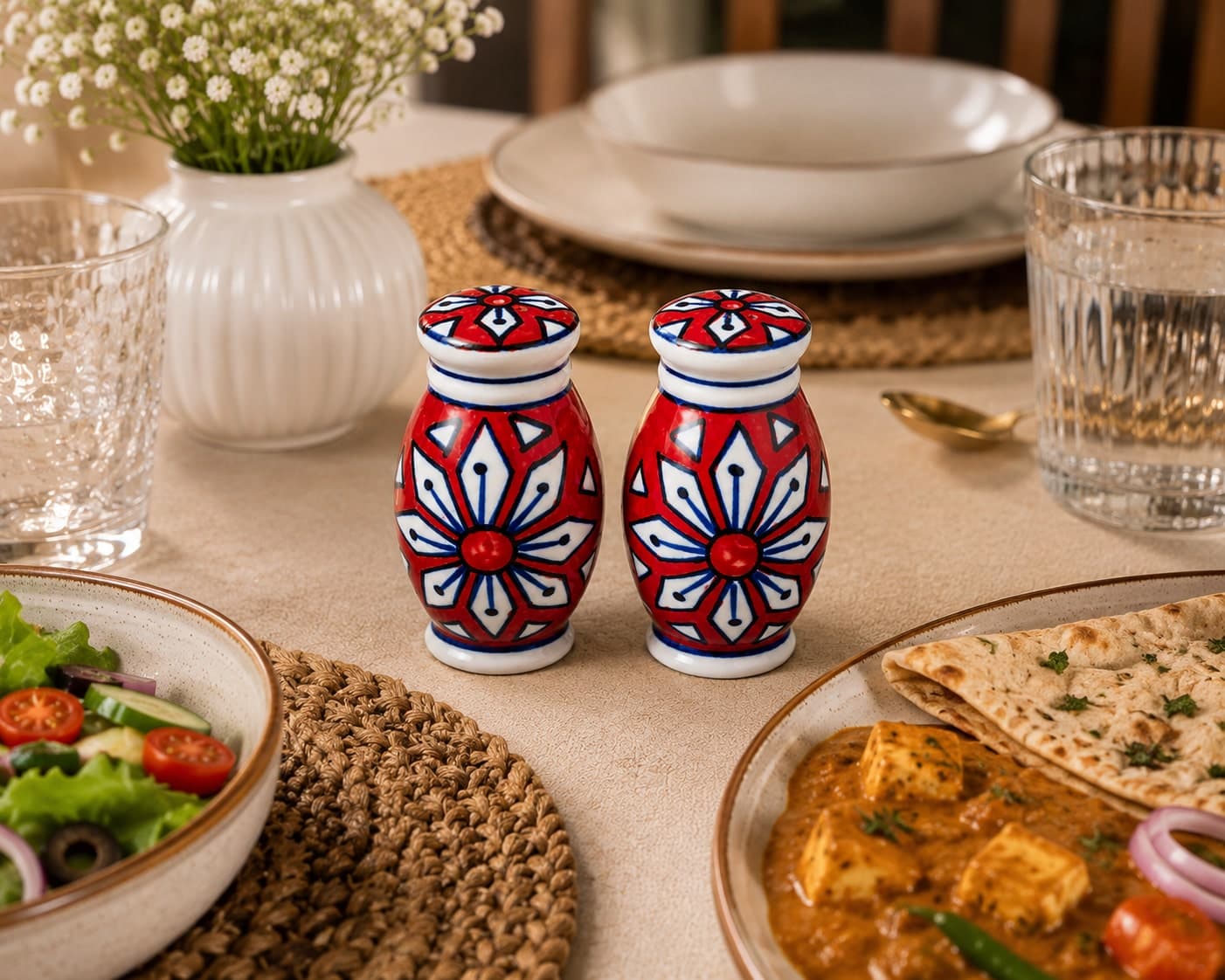Ceramic Salt & Pepper Shaker Set – Red Floral Design (Set Of 2)